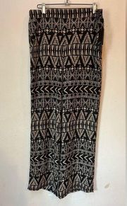 BCX Women’s Black Tan Geometric Bohemian Flowy Wide Leg Pull On Pants Large New