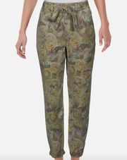 Pam and Gela Pants Womens Large Floral Printed Pull On Jogger Green Waist Tie