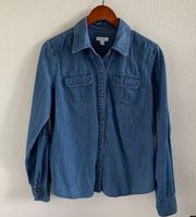 Charter Club Denim Chambray Button Front Collared Top Front Pockets Blue 8