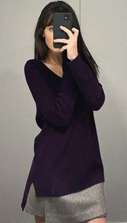 Merino Wool Knit Longline V Neck Sweater Plum Purple Size S