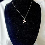 Silver Tone Rope Necklace with Lilac Rhinestone Hummingbird Pendant