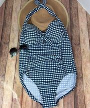 Merona one piece blue checker halter swimsuit with ruching size medium