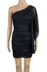 Womens Mini Dress One Shoulder Drape Sleeve Bodycon Glittery Small