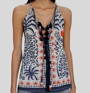 Farm Rio Tank Top Afternoon Breeze Beaded Tassel Tie Cotton Blouse Sz L NWT