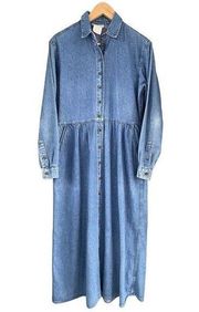 0437 Vintage Jean Denim Long Sleeve Maxi Dress Size Small 100% Cotton