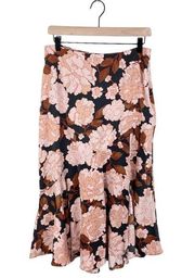 Who What Wear Black Brown Floral Print Silky Midi Slip Skirt Women's Size 10