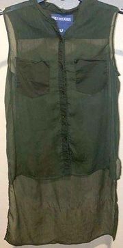 True Religion High Low Collared Button Up Mesh Top size Medium - Pine Green