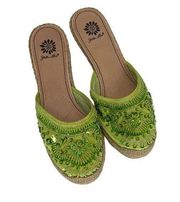 Yellow Box Womens Kina Beaded Sequin Espadrille Wedge Slip-On Mule Green 9 NWOT