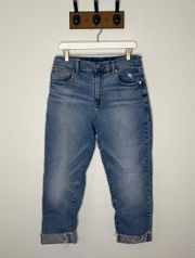 Girlfriend High Rise Medium Indigo Cuffed Raw Hem Jeans