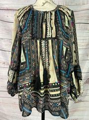 Democracy Tassel Tie Neck Tunic Top Womens M Mesh Panel Pleat Boho Peasant Flowy