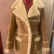 Rare Genuine leather faux fur Vintage  sherpa coat tan and cream M