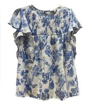 Counterparts Blue and White Floral Feminine Flowy Blouse with Flutter Sleeves L