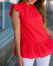 Jodifl Lace Squared Ruffle Trim Tank red eyelet blouse small