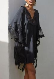 Anthropologie Black Embroidered Fringe Swim Coverup Dress Size M/L