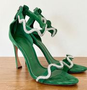 Alexandre Birman Suede Lori Embellished Heels Sandal Green Women's Size 40 / 9.5