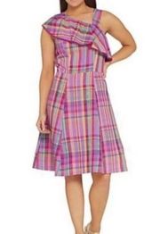 Isaac Mizrahi Live Pink Plaid Single Shoulder Ruffled A-Line Summer Dress Size 4