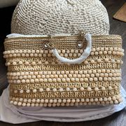 Bon Bon leather-trimmed beaded raffia tote