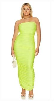 Good American Satin Ruched Tube Maxi Dress in Electric Lime002
