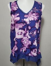 Simply Veraa Vera Wang Blue Floral High Low Hem Sleeveless Blouse Size Medium