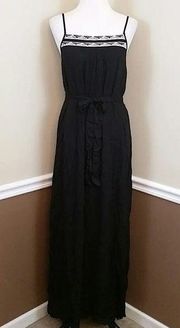 NWT  Modcloth Black Crinkled Embroidered Belted Boho Maxi Dress Small