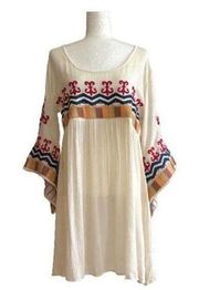 Velzera Dress Cream Brown Red Blue Embroidered Bell Sleeve Tunic Boho Medium