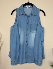 Denim Chambray Cold Shoulder Button Down Shirt, Size small