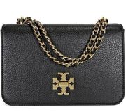 Tory Burch Mercer Pebbled Leather Chain Crossbody Wallet Black Gold