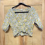 Sim & Sam Surplice Puff Sleeve Top Crop Wrap Women's Size Large Floral Daisy