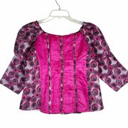 Handmade Top Geometric Circle Print Ruched Bodice Cropped Lined Puffed Sleeves M