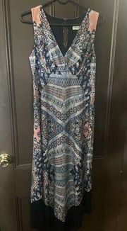 EMMA & MICHELE NAVY BOHO VNECK MAXI HANDKERCHIEF CUT DRESS SZ SMALL