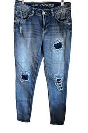 Vanilla Star Mid Rise Patched Distressed Skinny Denim Jeans