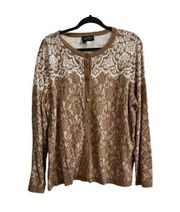 LACE PRINT LONG SLEEVE BUTTON FRONT CARDIGAN, TAN,  CL