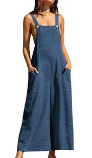 NEW Blue Cotton Bib Overalls Loose Fit Jumper Wide Leg Pockets XL