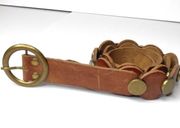 Womens  Buff Leather & Gold Metal Double Circle Belt Size Small
