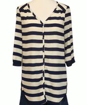 Navy and Cream Striped Long Sleeve Button Down Tunic  •Size Medium