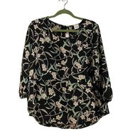 Kaleigh Black Floral Quarter Length Sleeve Blouse Sz M