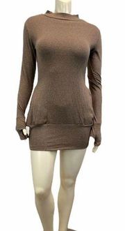 BROWN Round Neck Long Sleeve Mini Dress