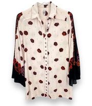 Free People  floral button down blouse cream red rose print bell sleeve tunic XS