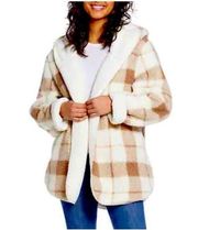 Weatherproof Beige Plaid Ivory Reversible Sherpa Hooded Cardigan S/M