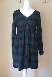 True Craft Green Black Plaid Button Down Dress XS