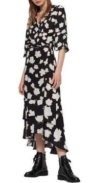 All Saints Black White Delana Half Sleeves Wrap Floral Print Dress Size Small