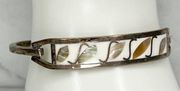 Vintage Mexico Silver Tone Abalone Shell White Inlay Hinge Bangle Bracelet