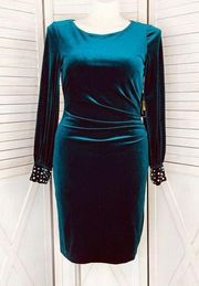 Jessica Howard Velvet Ruched Embellished Cuff Sheath Dress Turquoise 12