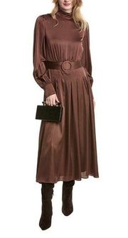 Alexia Admor Dress Sz 6 Safiya Belted A-Line Mockneck Midi Modest Brown Satin​