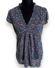 Julie's Closet Womens Top Sz L Maternity Gray Colorful Polka Dots Knit Ruffles