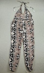 Olivaceous Womens Jumpsuit Size S White Brown Snake Print Halter Tassel Backless