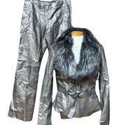 Cache Womens Vintage Suit Fox Fur Collar Size 8 Pewter Deep Silver Leather