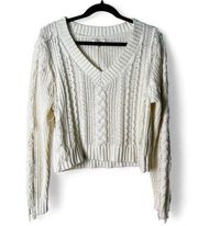 No Comment - Cream Chenille Cable Knit Fringe V Neck Sweater - XL