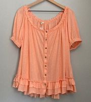 Button Down Ruffle Cotton Slub Top Small Coral Boho Beachy Cottage NWOT