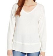 NEW NWT CASLON Cozy V-Neck Waffle Knit Tee Cream Ivory Long Sleeve Raw Hem Top